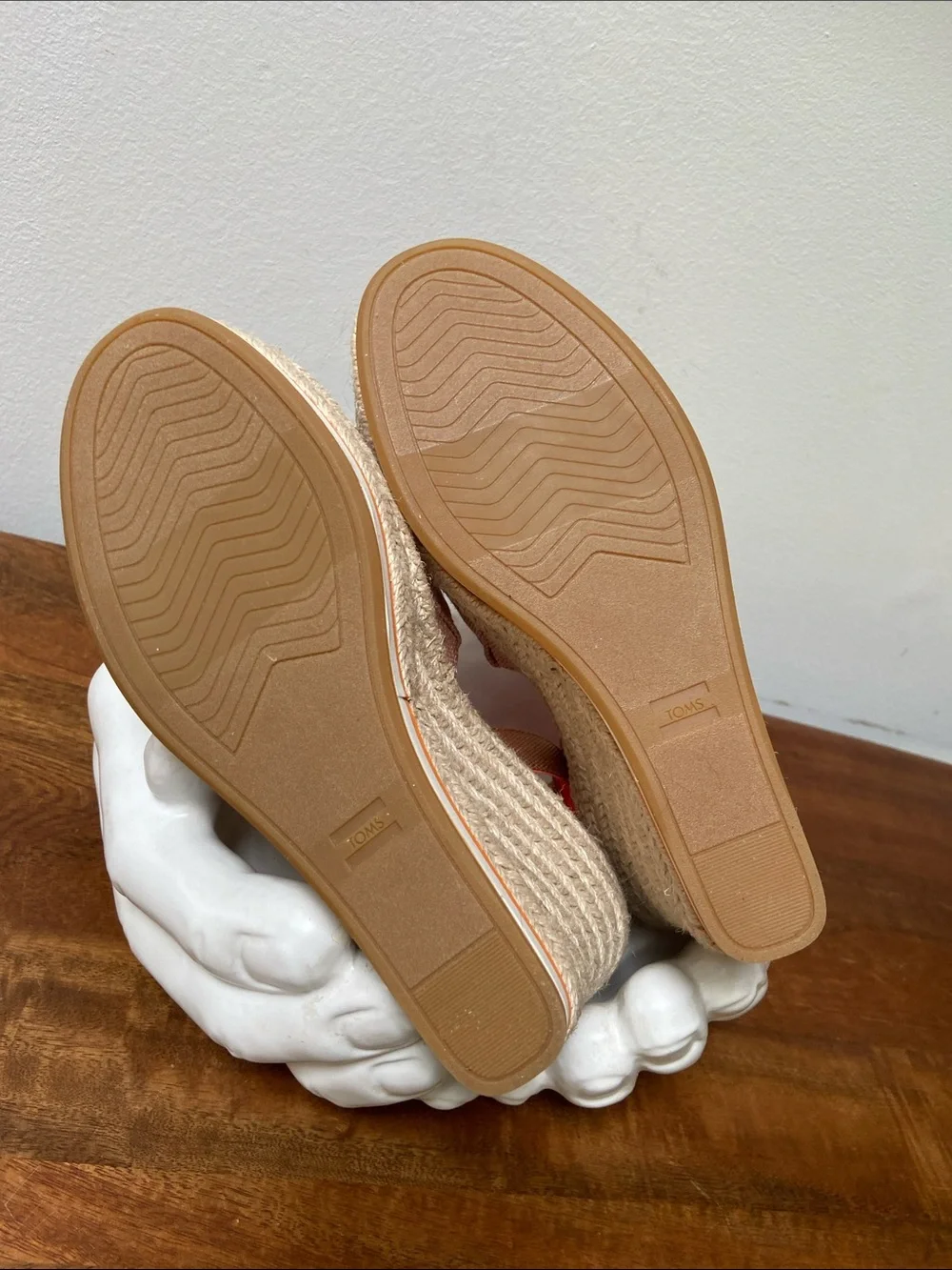 TOMS Pink Canvas Espadrille Wedge Sandals with Tan Ankle Strap